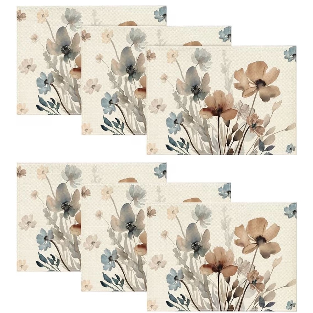 Artoid Mode Brown Poppy Floral Leaves Placemats 12x18  Set of 6